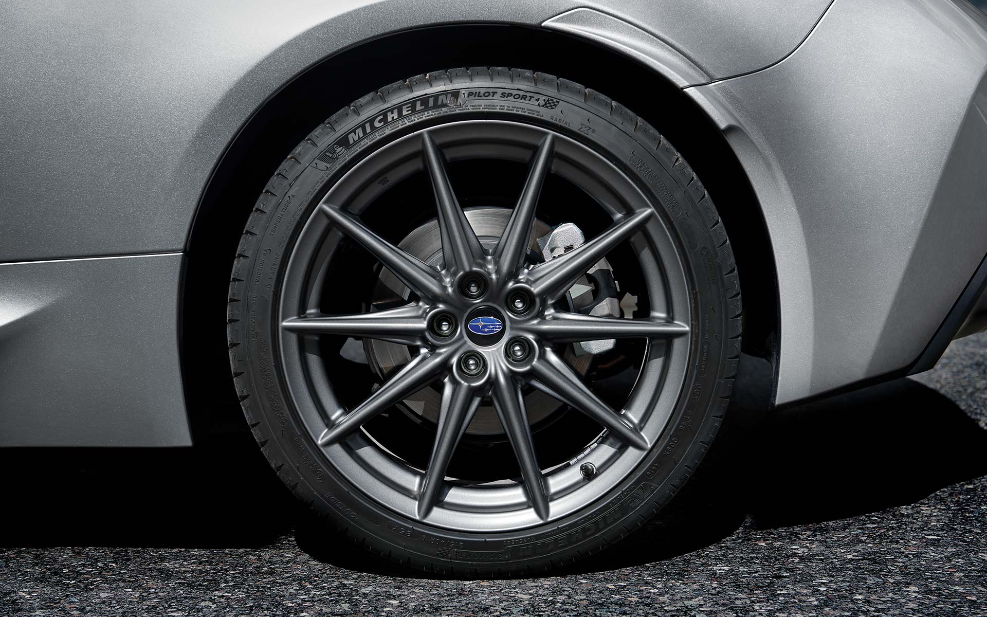 A close up of the 18-inch alloy wheels on the 2022 Subaru BRZ Limited.